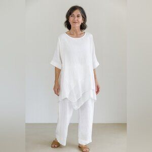 San Gimignano White Linen Silk Blend Asymmetric Hem Tunic Lagenlook Top One Size